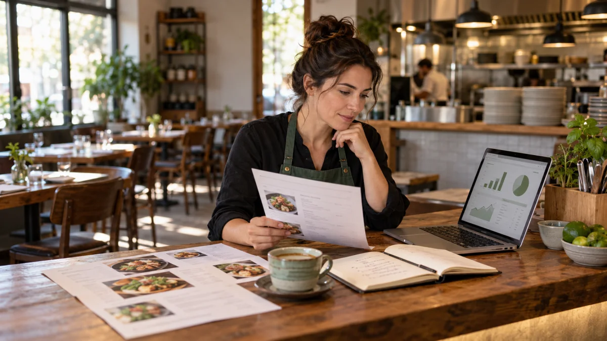 Restaurant owner comparing printed menus with an anonymised order summary on a laptop