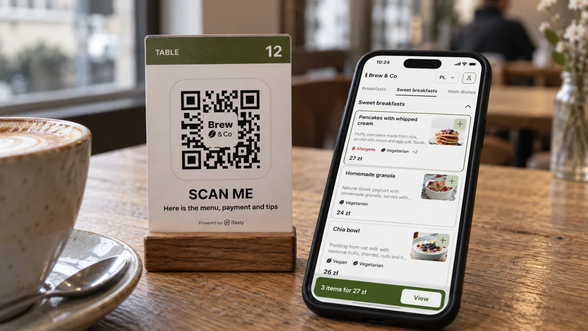 Phone with an iTasty-inspired menu beside coffee and a QR code stand